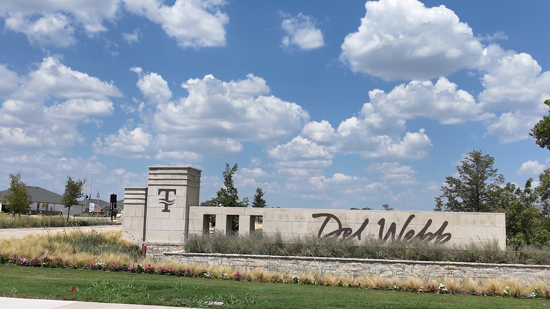 Del Webb at Trinity Falls stone entry monument for the 55-plus neighborhood