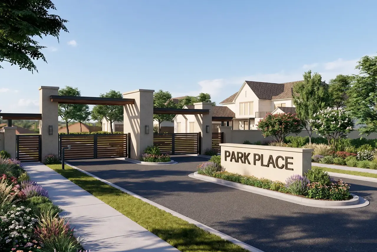 Gated entrance at Park Place, a new construction community in Prosper, Texas